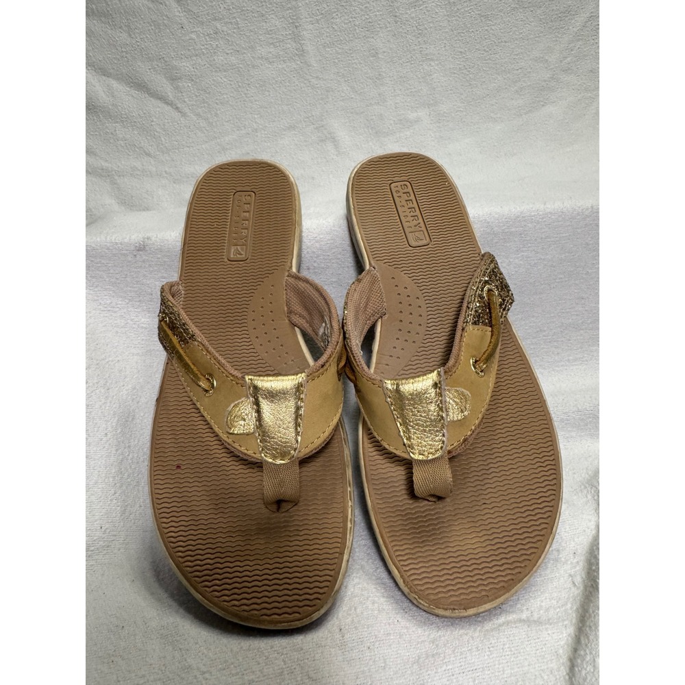 Sperry Top-Sider Womens Tan Gold Glitter Leather Flip Flop Sandals Boat Style